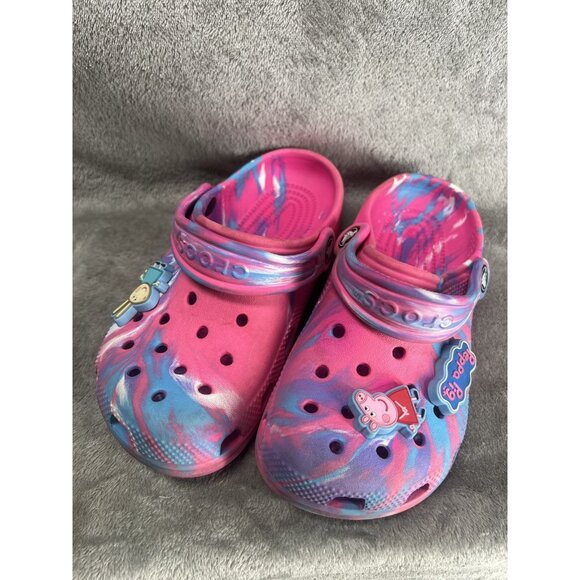 CROCS Other - Crocs Peppa Pig Jibblits Tie Dyed Sling Pink Blue White Clogs J 1  Youth Sandals